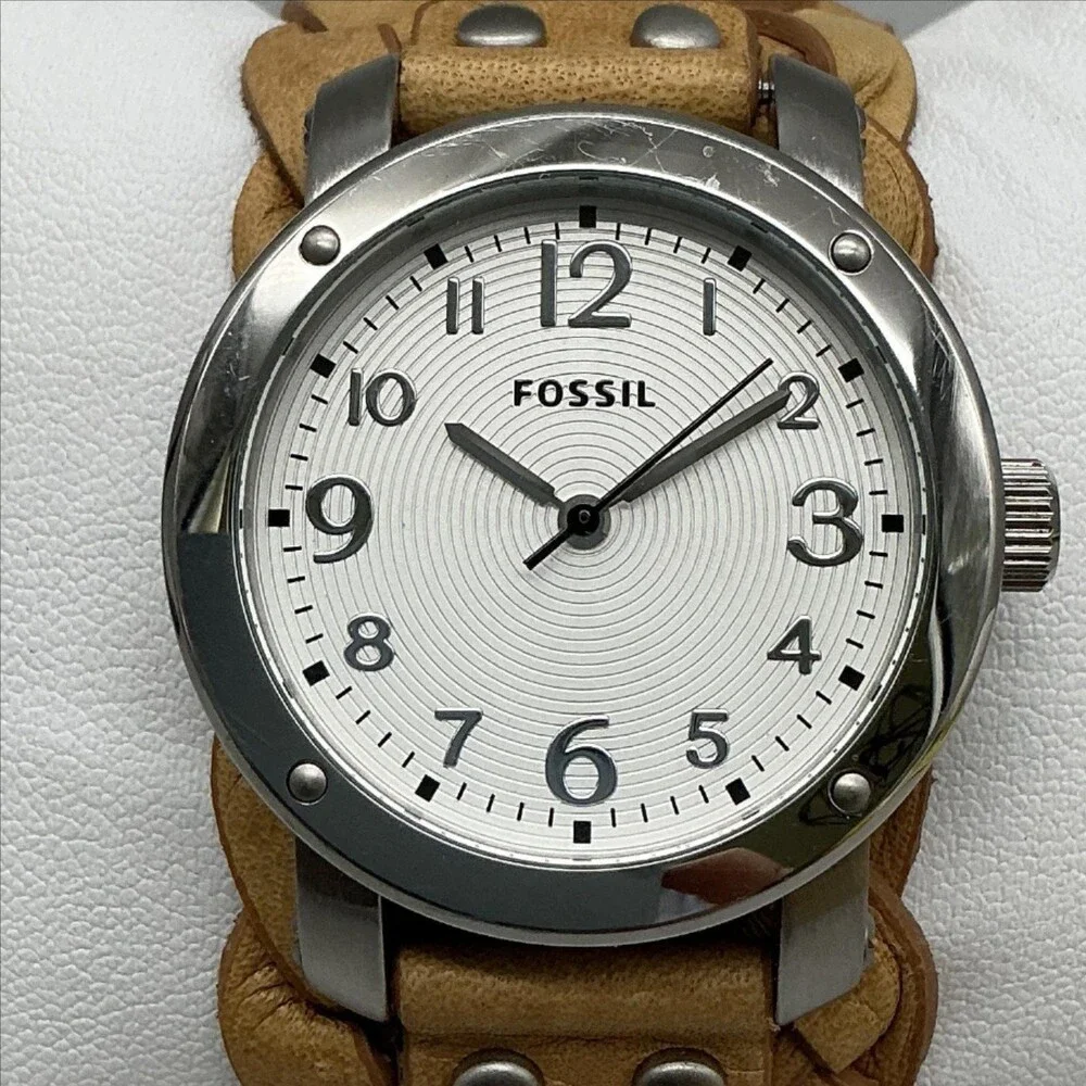 Fossil JR-1292 Mens Watch 34mm White Dial Silver Tone Brown Leather New Battery